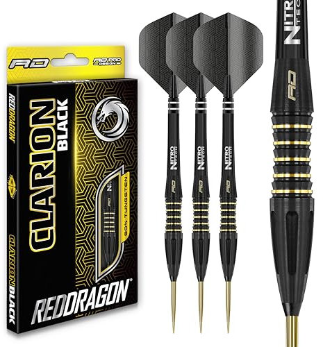 RED DRAGON Clarion Black 22g Tungsten Darts Set with Flights and Stems