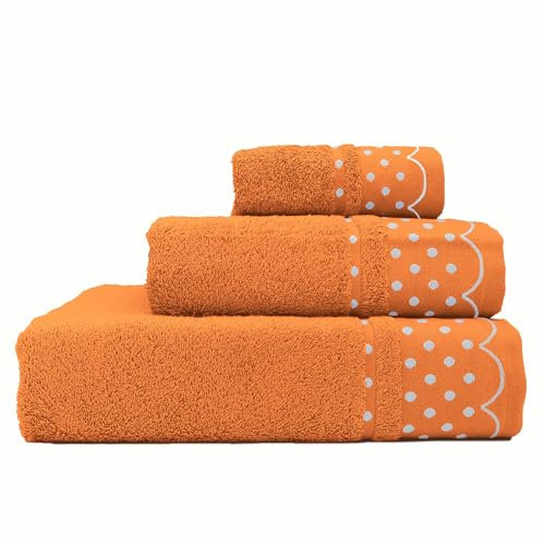 briebe Home Juego de Toallas Baño 100% algodón Rizo 450gr, Set 3 Piezas, Polka Dots, 3 tamaños Ducha Sábana, Manos, Tocador, Cenefa Lunares Bordada, Hecho en Portugal, Naranja