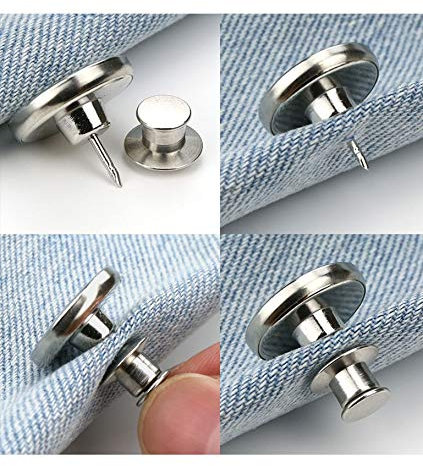 Silver Color 2sets Tool Free Jean Button Replacement snap Buttons Metal Flat Adjust Button