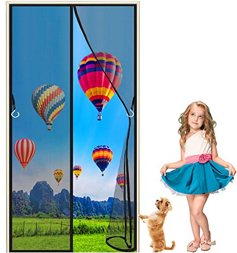 LZHBD Fly Screen Door 180 x 190 cm Balcony Sliding Door Magnetic Fly Insect Screen Door Screen Mesh Curtain with Full Frame Magic Tape Easy to Install Without Drilling - Black