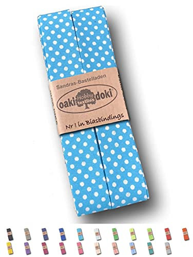 Sandras-Bastelladen Schrägband/Einfassband Baumwolle gefalzt 3m x 20mm - Punkte Muster 1005-Türkis-Weiß