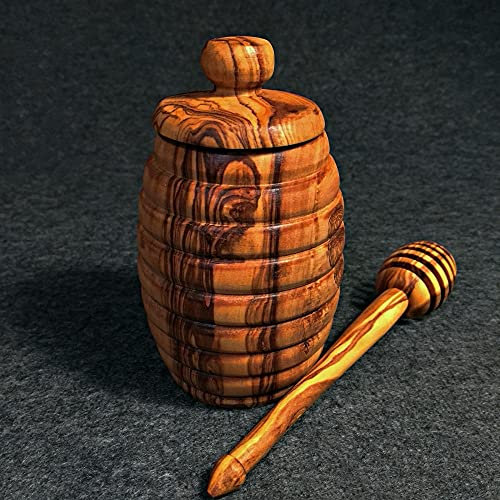 What the Art!® Olive Wood 'Maja' Honey Pot with Honey Spoon & Lid - 6-7 cm x 10 cm