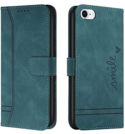 Trugox Handyhülle für Apple iPhone SE 2022 5G/iPhone SE 2020/iPhone 8/iPhone 7 Hülle Klappbar Klapphülle mit Kartenfach Handytasche Schutzhülle Tasche Leder Wallet Flip Case Cover - Blau Grün