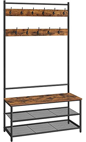 VASAGLE Porte-manteau sur Pieds, Meuble EntrÉe, Vestiaire Industriel, avec Banc À Chaussures, 11 Crochets, ÉtagÈres RÉglables, pour EntrÉe, Couloir, Chambre, Marron Rustique et Noir HSR410B01