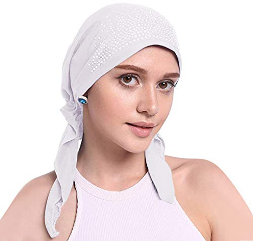 AfinderDE Damen Frauen Baumwolle Bandana Turban Cap Hijab Kopftuch Muslimische Bonnet Kopfbedeckung Halstuch Atmungsaktiv UV Schutz Pirat Mütze Bunter Diamant Indische Hüte Kappe, Weiß, L
