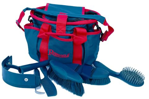Rhinegold NAVY GROOMING BAG WITH KIT, 7 Pieces Equestrian Grooming Gift Set that Includes All Types of Horse Hair Brush, Curry Comb, and Hoof Pick with a Multipurpose Horse Grooming Bag