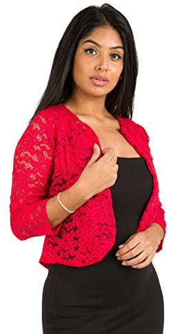 KRISP Damen Festliche Bolerojacke Spitzenjacke Bolero Strickjacke Hochzeit Damenjacke, Rot, 42, 3918-RED-14