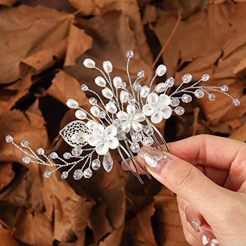 Edary Braut Blume Hochzeit Haarkamm Silber Perle Kopfschmuck Kristall Hochzeit Seitenkamm Blatt Braut Haarschmuck für Frauen und Mädchen