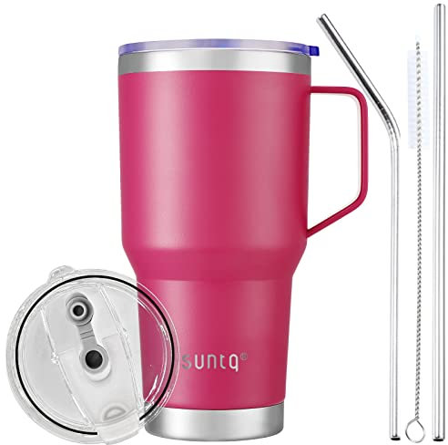 SUNTQ 30oz Tumbler with Handle - Reusable Travel Coffee Cup with Straw & Lid - Double Wall Vacuum Insulated Coffee Mug - Stainless Steel Thermal Cup for Hot and Cold Beverages(Rubine red)