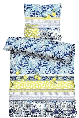APELT Bettwäsche-Garnitur Antonia GOTS Zitronen 135x200 + 80x80 cm Blau