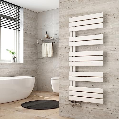 Heilmetz Scaldasalviette elettrico bagno a tubo piatto 1176 x 500 mm,Radiatore portasciugamani monofacciale ,attacco laterale per portasciugamani ad acqua calda, Bianco