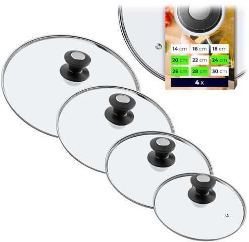 KADAX 4er Set Universal-Glasdeckel, Topfdeckel Ø20/24/26/28 cm, mit Schwarz/Silber-Griff, hitzebeständig, für Töpfe und Pfannen, spart Platz und erleichtert Sichtkochen