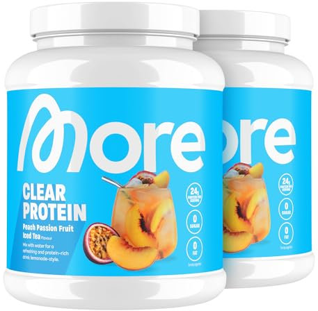MORE Clear, Peach Passionfruit Ice Tea, 2 x 600 g, Protein Drink mit Whey Isolat, clear Whey - made in Germany