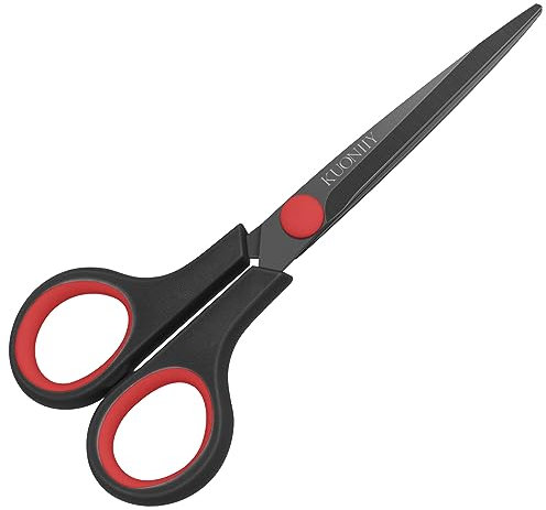 KUONIIY Schere, ultrascharfe Titanbeschichtung-Klingen, weiche Komfortgriffe, Mehrzweckschere, schwarz-rot, 15,3 cm