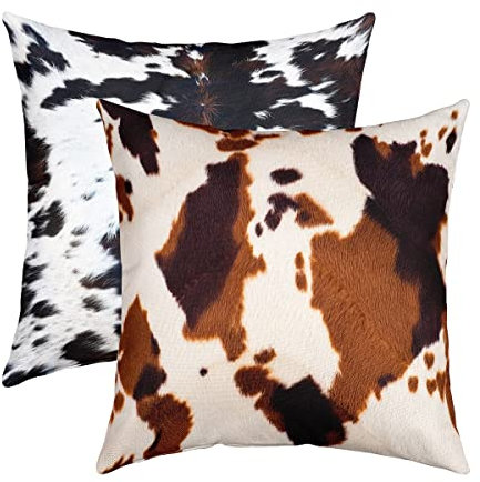 Loussiesd Kuhfell Pirnt Kissenbezüge 2er Set Weiches Rindsleder Kissenhülle Für Wohnzimmer Schlafzimmer Bauernhaus Dekorative Western Zierkissenbezüge Dekokissen für Sofa Stuhl Kissenbezug 50x50cm