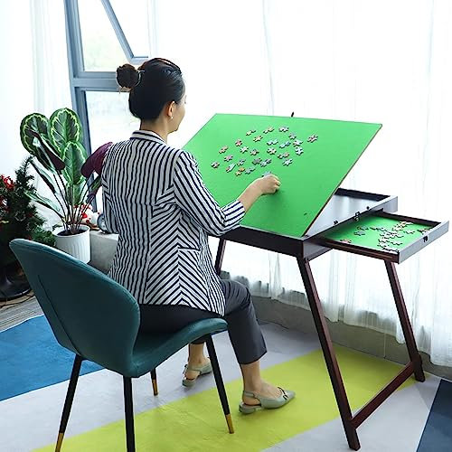 Wooden Jigsaw Puzzle Folding Table, Portable Folding Board Rack Tilting Table for Adults, Gift for Puzzle Amateur (1500PCS with Drawer and Legs, Green & Brown)