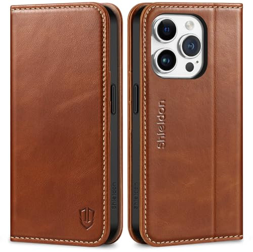 SHIELDON Hülle für iPhone 15 Pro, Handyhülle TPU [Echtleder] [Kartenfach] [Magnet] [Standfunktion] [RFID Blocker] Stoßfest Schutzhülle Lederhülle Case Kompatibel mit iPhone 15 Pro 6,1 - Braun