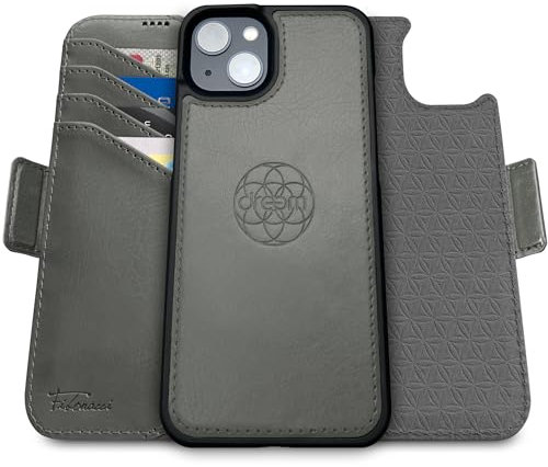 Dreem Fibonacci kompatibel mit iPhone 15 Brieftaschen-Etui / 2-in-1 stoßfestes Etui und abnehmbares Folio aus veganem Leder, MagSafe-kompatibel, RFID-Schutz [Grau]
