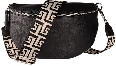 MIRROSI® Bauchtasche Damen, Echtleder, Made in Italy, Umhängetasche, Brusttasche, Crossbody Bag (1 Tasche & 2 Gurte) (Schwarz (NN Black Beige), Kleine Tasche (22x13x6cm))