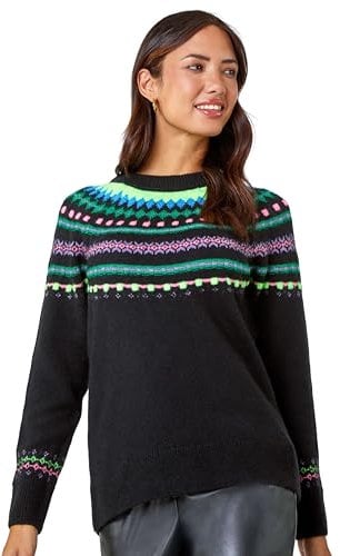 Roman Fairisle Jumper for Women UK Ladies Stretchy Winter Autumn Sweater Casual Knit Knitwear Knitted Pullover Comfy Soft Thick Lightweight Dinner Party Office Work - Black - Size 20