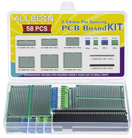 ALLECIN Placas PCB Kit 20Piezas Placa de Circuito Impreso de Prototipo de Doble Cara 18Pcs 2 3 Pines Bloque de Terminales de Tornillo 20Pcs 40Pines Macho Hembra Conectores de Cabezal (58 Piezas)