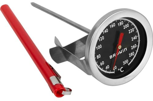BROWIN® Analog Bratenthermometer mit Clip, Etui 101800 | 20-300 °C Grillthermometer aus Edelstahl | Garthermometer für Fleisch, Flüssigkeiten, Fett, Babymilch | Fleischthermometer zum Kochen, Braten