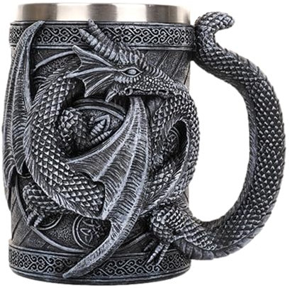 Dyeulget Medieval Double Dragon Mug - 3D Resin Medieval Renaissance Dragons Beer Stein Tankard Mug Stainless Coffee Drink Cup Mug for Dragon Collector Lovers