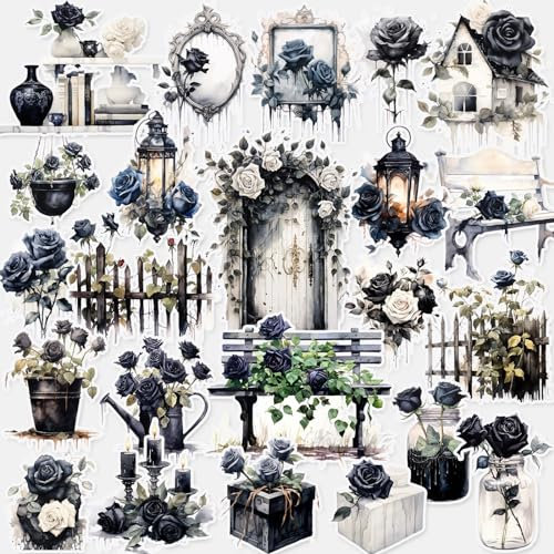 PRSTINCOL Dark Aesthetic Stickers 80 Pcs, Black Rose Stickers Goth Style Scrapbook Supplies, Water Bottle Vinyl Waterproof Stickers for Bullet Journal Laptop Skateboard Computer Guitar