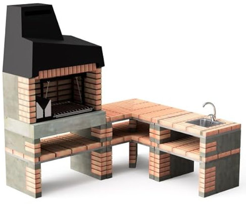 Outdoorküche aus Stein mit Keramikverkleidung Edelstahlrosten Grillrostverstellung Holzkohle Brennkorpus erweiterbar mit Anstelltischen Grill Außenküche San Antonio (SOL Orange, Küche B Feuerkasten)