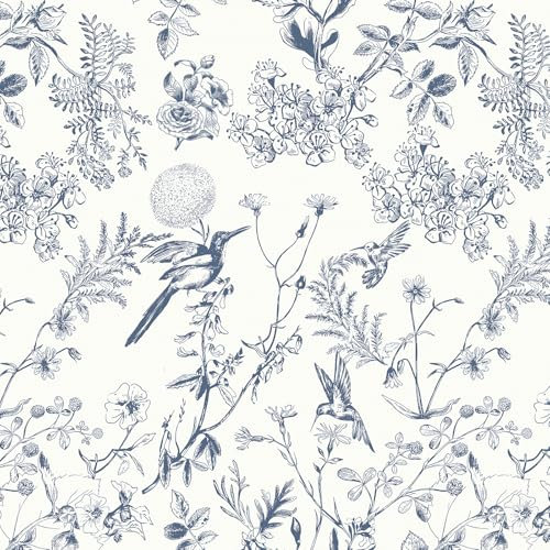Yomshi Selbstklebende Tapete Blumen 44×300cm Blau und Weiß Tapete Blumen und Vögel Klebefolie Wasserdicht Vinyl Möbelfolie Botanische Tapete für Wohnzimmer Schlafzimmer Wand