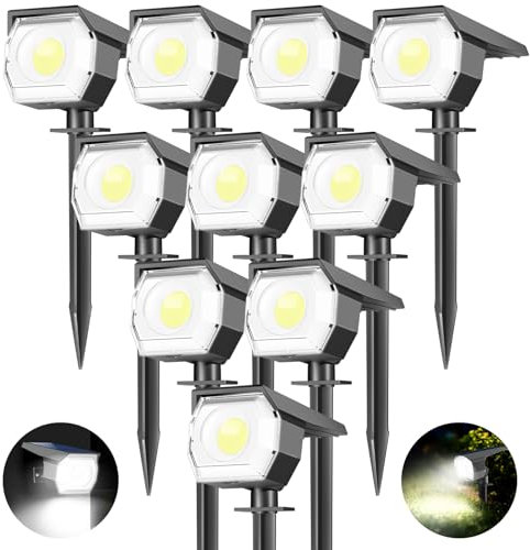 kolpop 10Pcs Faretti Solari LED da Esterno, 3 Modalità IP67 Impermeabile Luci Solari da Giardino, 800lm 6000K Faretti Solare per Cortile, Patio, Vialetto, Alberi, Piscina (Bianco Freddo)