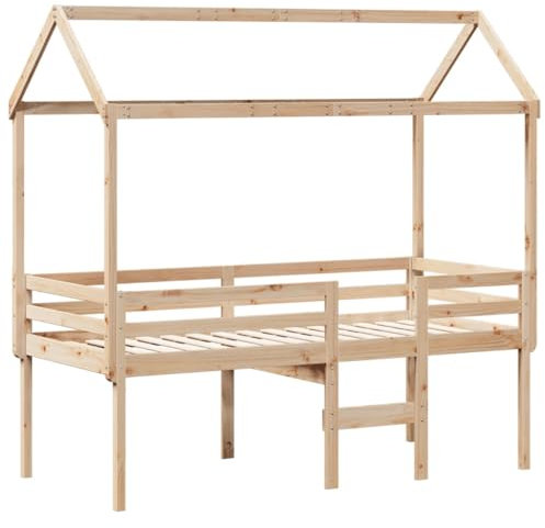 vidaXL Hochbett, Kinderbett mit Dach Leiter Sperrholzlatten, Spielbett für Kinderzimmer, Bett Holzbett Einzelbett, 75x190cm Massivholz Kiefer