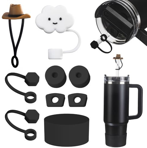 Yuecda Stanley Cup Accessories Set - 6 Pcs Silicone Spill Proof Stopper, 2 Straw Cover Caps, 1 Silicone Boot for 40oz & 30oz Cup (Black)