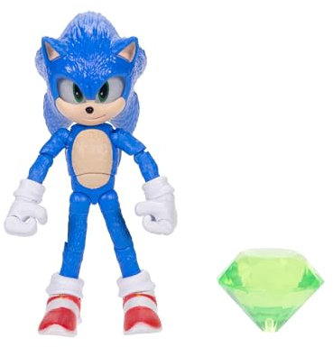 Sonic The Hedgehog Sonic 3 Movie Sonic mit Smaragd-Accessoire, Spielzeugfigur von Jakks Pacific, 13 cm groß, hochbeweglich, offiziell Lizenziertes Sonic 3 Movie, empfohlen ab 3 Jahren