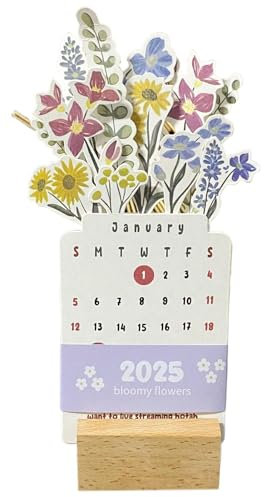 Mixnexorad Bloomy Flowers Tischkalender, Tischkalender 2025 Blumen, Bloomy Flower Kalender mit Holzsockel, Abnehmbarer Tischkalender, kreatives Design für den Tisch