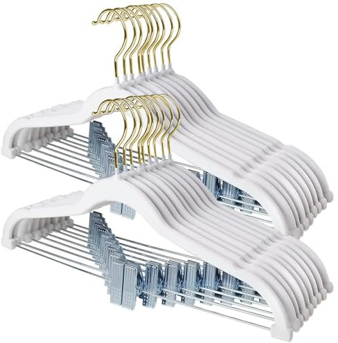 Stormix Vevlt - Confezione da 24 grucce per gonne con clip, resistenti, per pantaloncini, pantaloni, gonne, abiti, giacche, cappotti, colore bianco (gancio dorato)