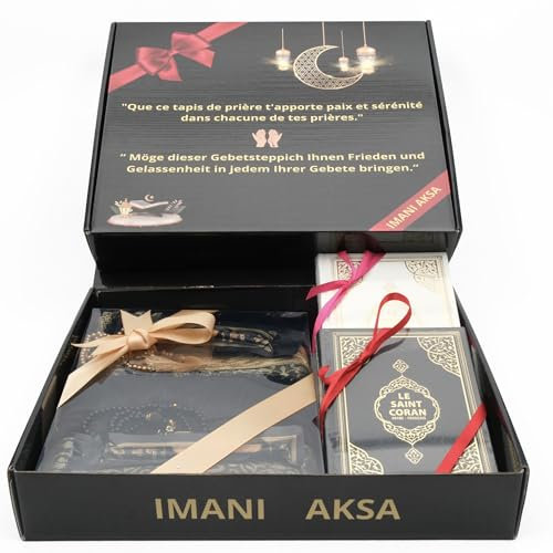 Imani Aksa Muslimische Geschenkbox für Hochzeit (2 Heiliger arabischer Koran, 2 Gebetsteppiche, 2 Tesbih und 2 Miswak) – Gebetsteppich – Islam-Ramadan- Hochzeitsgeschenk (Schwarz-Weiß)