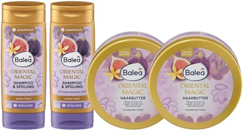 Balea 4er-Set ORIENTAL MAGIC Haarpflege: Shampoo & Conditioner Haarspülung TWINPACK Reisegröße (2 x 100 ml) + HAARBUTTER mit orientalischem Duft & Sheabutter für Geschmeidigkeit (2 x 150 ml), 500 ml