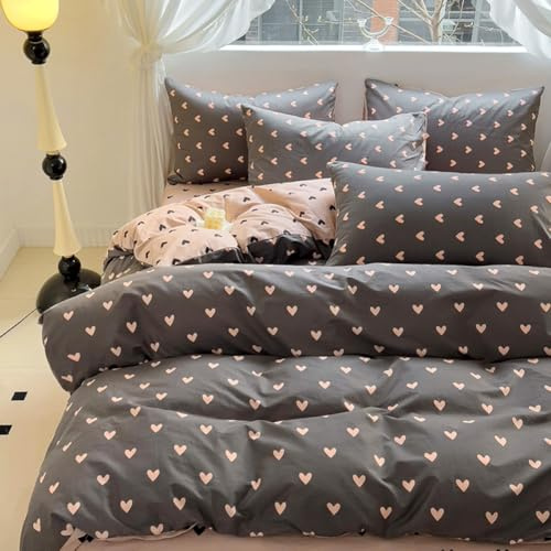 Covebett Bettwäsche 135x200 2teilig Herzen Rosa Schwarz 1 Kissenbezug 80x80 | Wendebettwäsche Set Microfaser, Bettbezug Herzchen Herz, Mädchen Kinder, Aesthetic Romantisch Kawaii, ÖKO-TEX, Reißverschluss