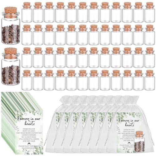 50 Sets Funeral Favours for Guests-50 Memorial Cards 50 Glass Bottles with Cork 50 Organza Bags Funeral Keepsakes for Loss of Loved One Celebration of Life Decorations Memorial Service, No Seed