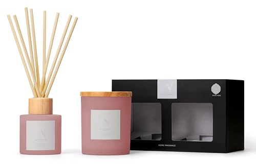 Aroma Naturals Frosted Decadence Candle & Reed Diffuser Gift Set – 213g Frosted Glass Candle with Wooden Lid & 100ml Diffuser with 6 Reeds, Luxury Home Fragrance Gift (Pink Cherry & Vanilla)