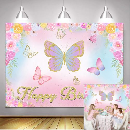 Pink Floral Birthday Backdrop Pink Purple Butterfly Happy Birthday Background Girls Butterfly Themed Baby Shower Cake Table Decoration Photo Props (2.1 x 1.5m)