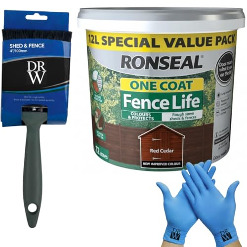 DRW One Coat Shed & Fence Protector 12L Red Cedar + Free 4 Fence Paint Brush & Nitrile Gloves | Long-Lasting Weatherproof Wood Protection | One Coat Formula for Sheds, Fences & Timber