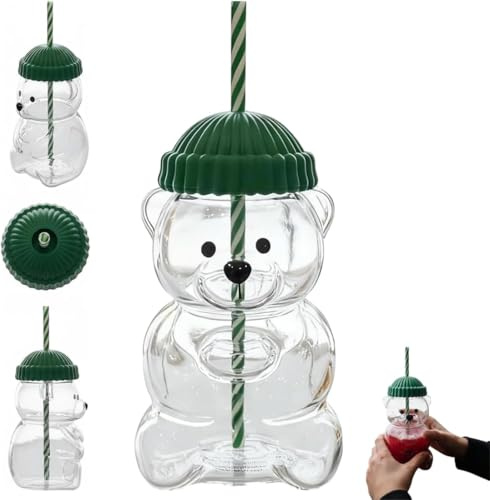 2025 New Bear Straw Cup,Cute Bear Glass Cups with Lids and Straws,Cute Christmas Clear BearCups Glass Mug for Coffee Beer Wine Cocktail Drinks Glassware, Leak-Proof Lid