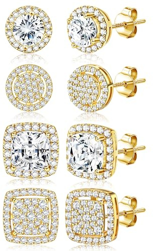 Dochais 4 Paar Ohrstecker Silber 925 Herren Damen Hypoallergene Cubic Zirkonia Ohrstecker Ohrringe Stecker 14K Vergoldete Runder Quadrat Ohrringe Set für Frauen Männer Schnuck Gold Silber