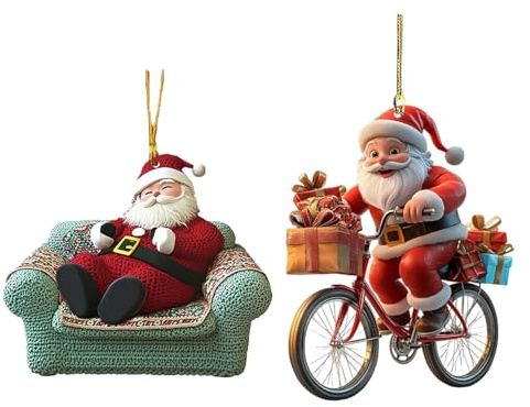 Weihnachtsmann Ornamente, Weihnachtsmann Weihnachtsschmuck, 2D Acryl Winter Deko Anhänger, Weihnachtsman Auf Fahrrad, Hängender Weihnachtsanhänger, für Wohnmobil Haustür Büro Rucksack