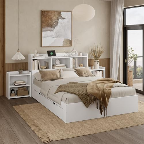 140×200 Holzbett Doppelbett mit Lattenrost und Kopfteil, mit 2 ausziehbaren Nachttischen, mit Ablagefächern, mit Type C Schnittstelle und Wireless Charging, mit Schubladen,weiß