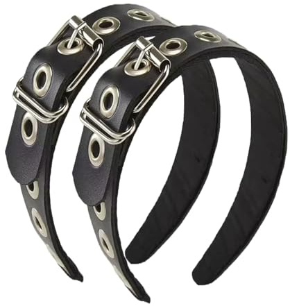 Bubaxuce Gothic Punk Stil Metall Schnalle Haarband für Frauen, Gürtel design Schwarz Leder Haarband, 2 Stück Set