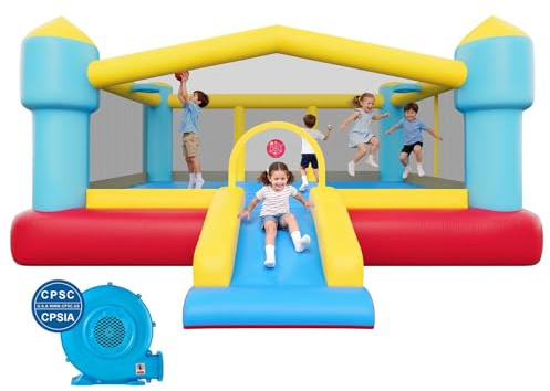 VEVOR Castillo Hinchable con Soplador 448 x 420 x 207 cm, Parque Infantil Inflable con Tobogán, Aro de Baloncesto, Zona de Salto, Baloncestos de PVC para 3 a 4 Niños de 3 a 8 Años para Patio, Jardín
