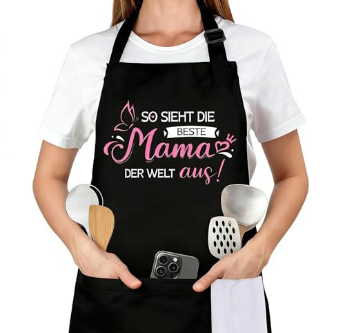 Belillpipi Kochschürze Männer Damen Schwarz, Verstellbare Kochschürze Damen mit 3 Taschen, Grillschürze Geschenke Schürze für Frauen Mann Geburtstag, Muttertag, Vatertag, Weihnachten